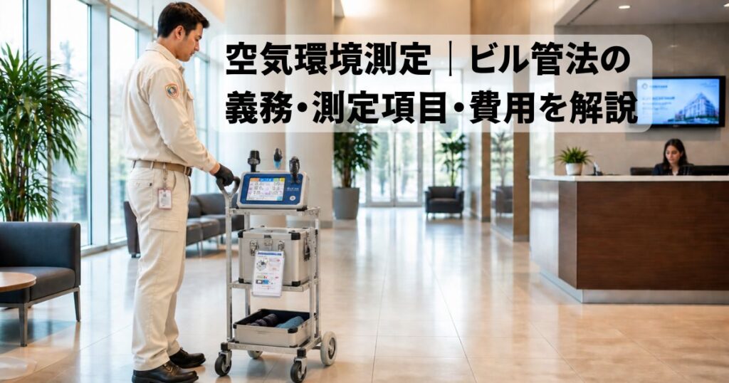 ビル管法に基づく空気環境測定を実施する技術者と測定機器