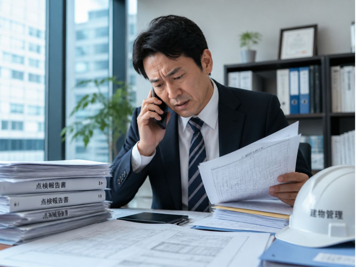 複数業者の手配やスケジュール調整に悩むビル管理担当者のイメージ