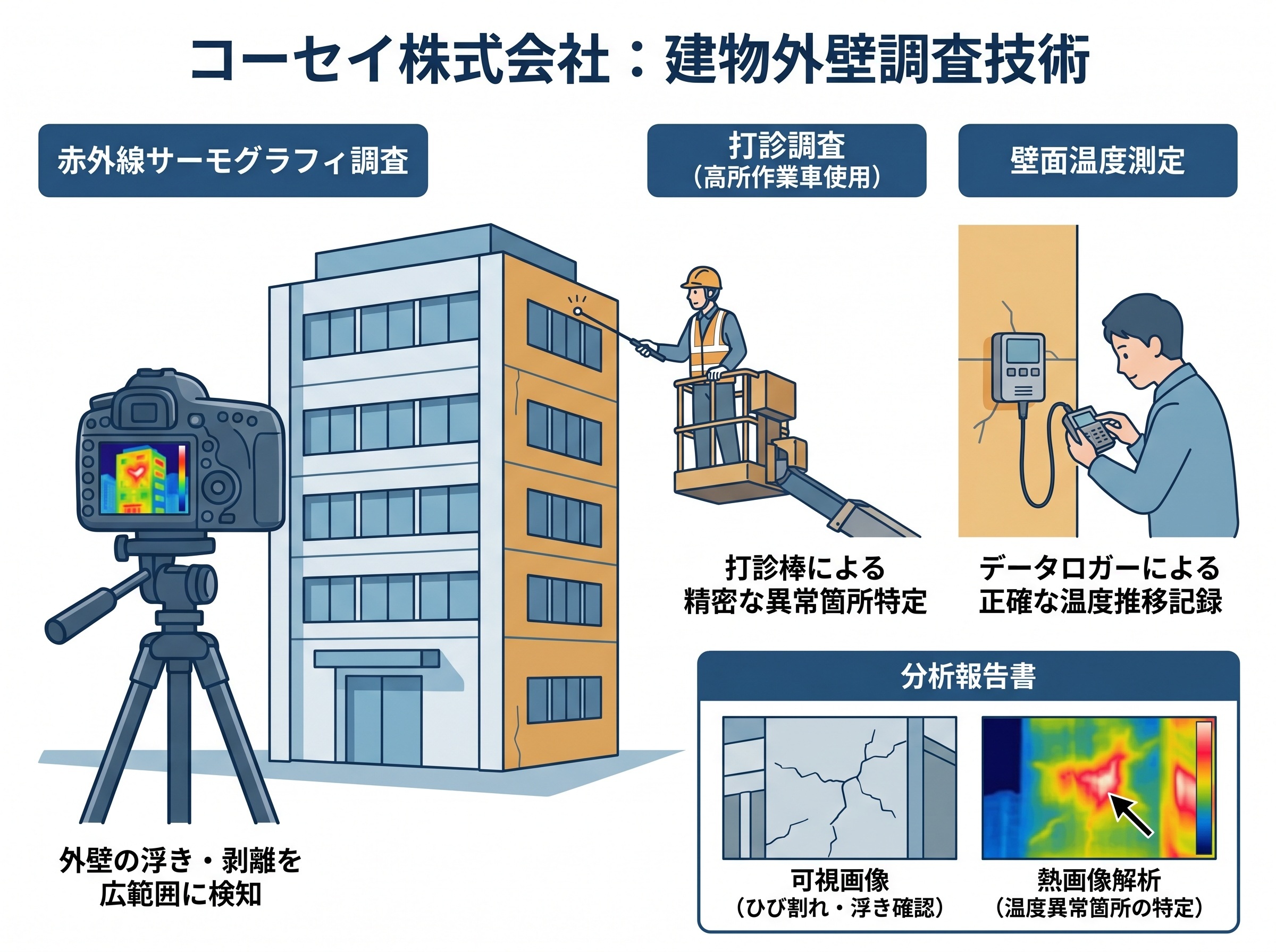 コーセイ株式会社：建物外壁調査技術 ハイブリッド調査イメージ