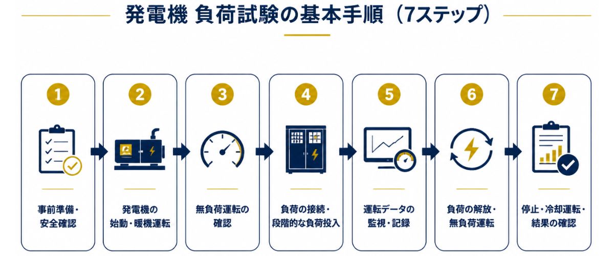 疑似負荷試験当日の7ステップ手順フロー図｜非常用発電機点検