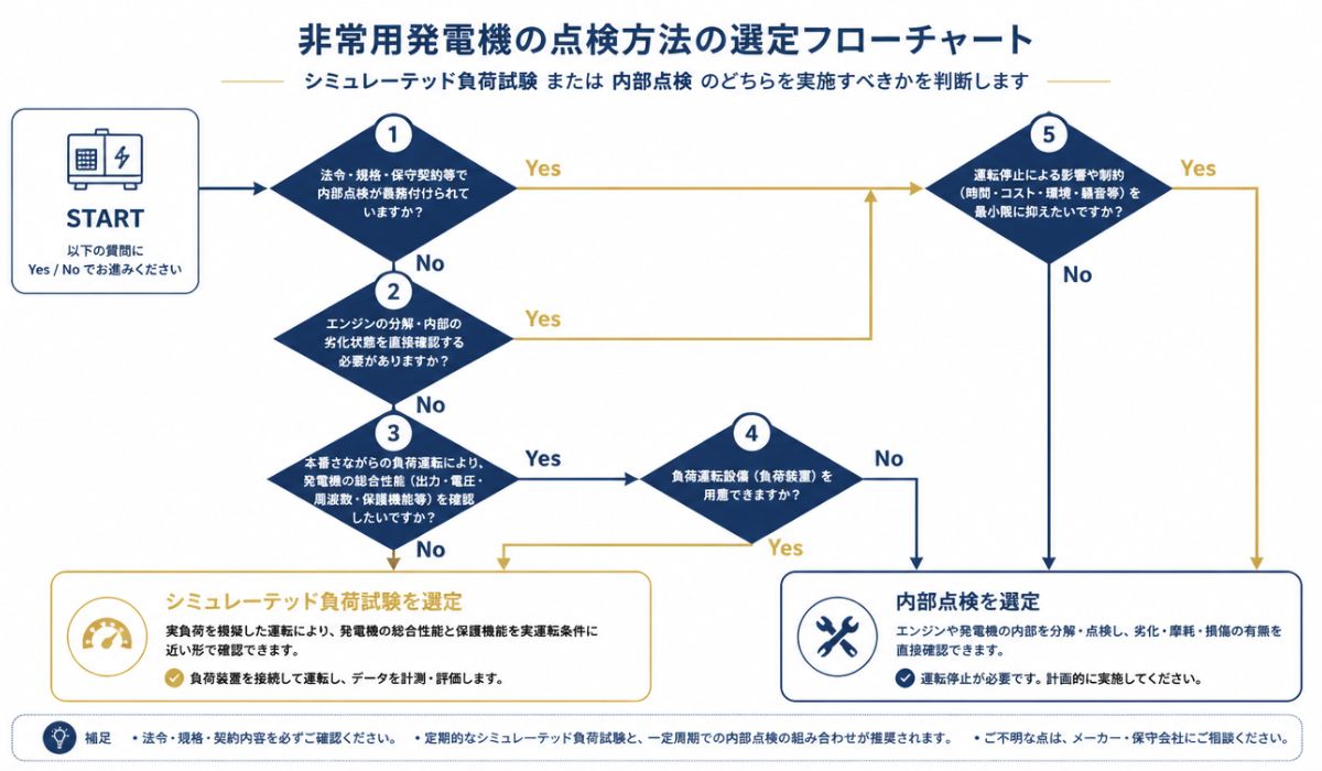 疑似負荷試験か内部観察等かを選ぶ判断フロー図｜非常用発電機点検