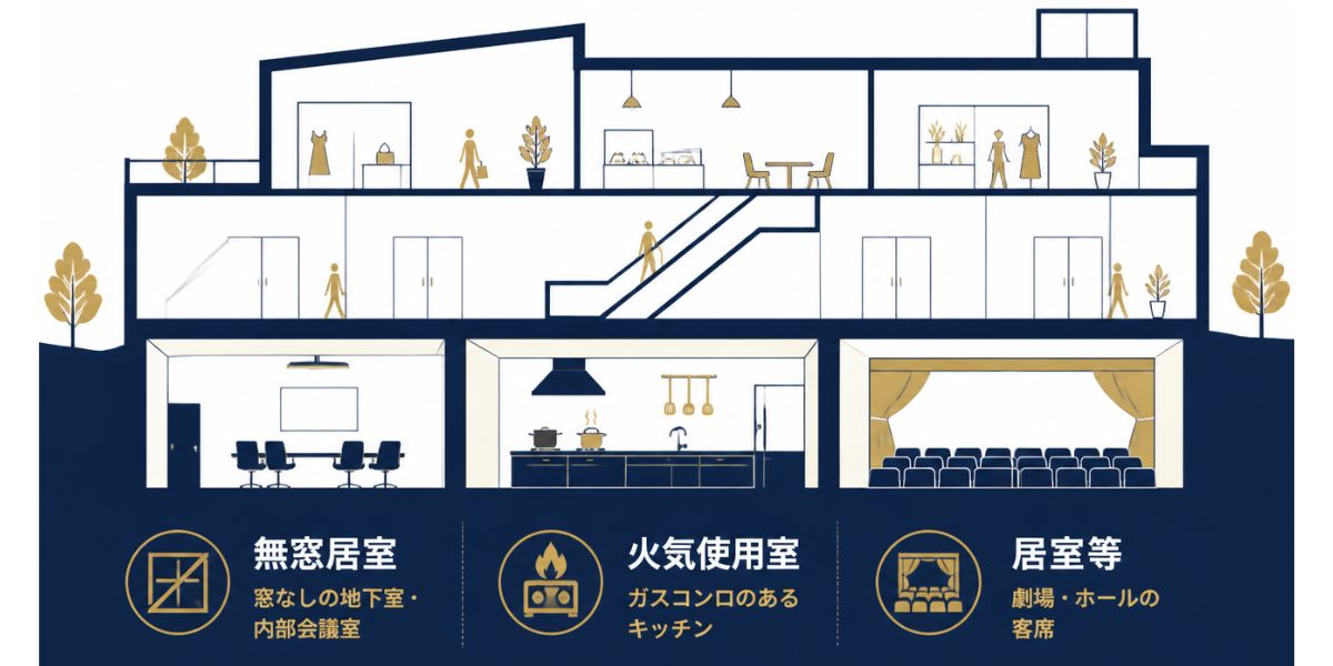 換気設備定期検査が必要な室の3種類（無窓居室・火気使用室・居室等）の図解