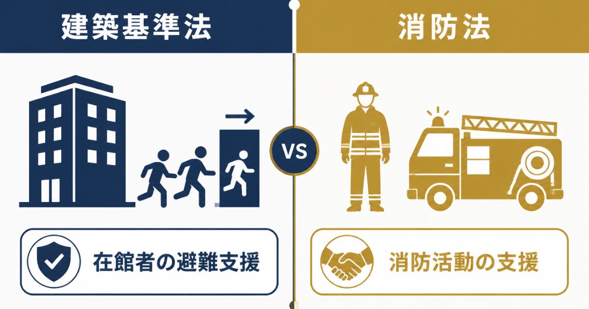 建築基準法と消防法における排煙設備の目的の違いを示す図解｜コーセイ株式会社