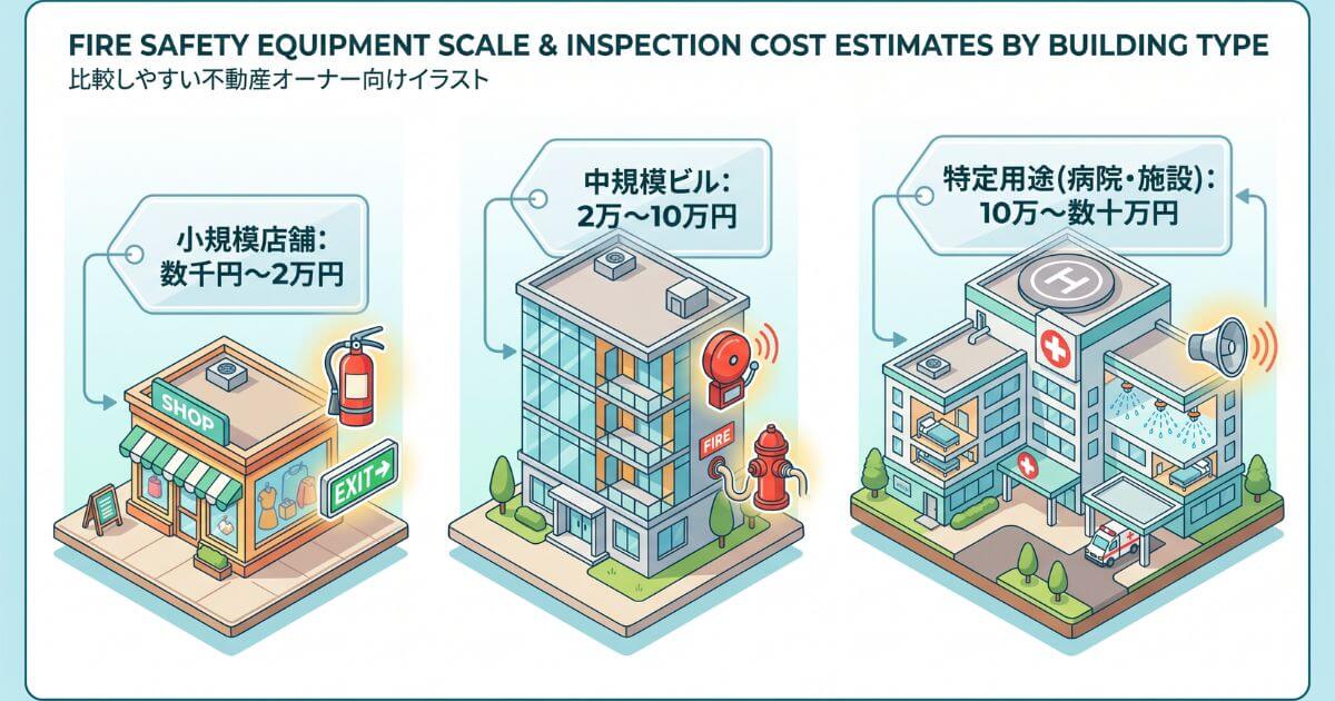 建物規模（小規模店舗・中規模ビル・病院など）ごとの消防設備例と年間費用目安のイラスト