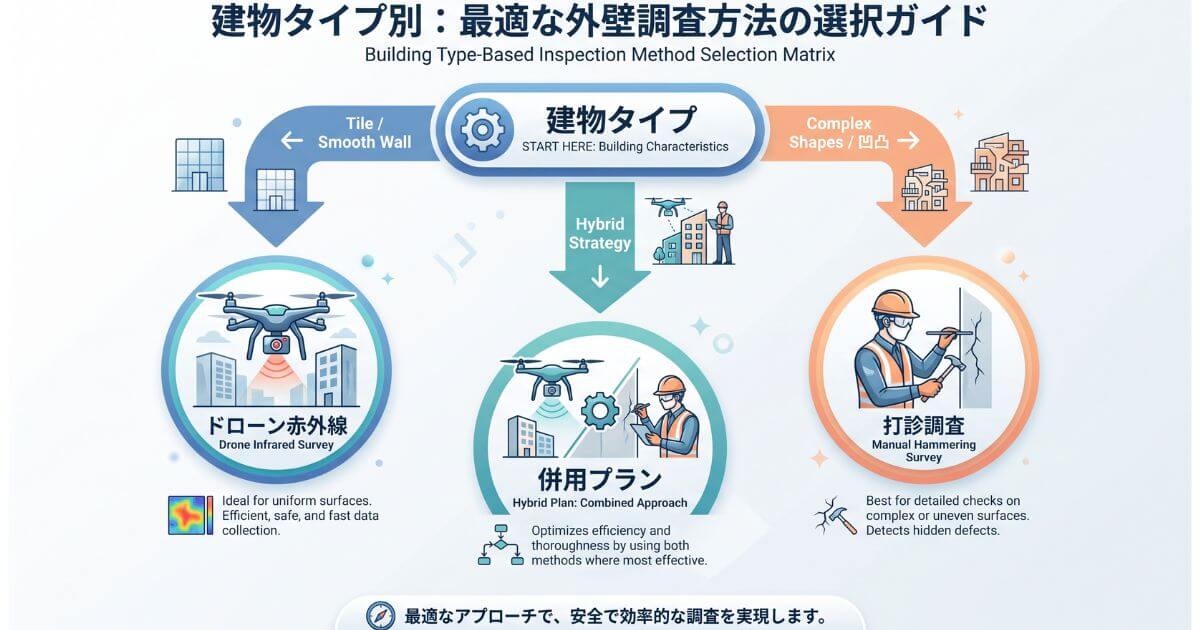 建物の形状・外壁材・立地条件に合わせた最適な外壁調査手法（打診・ドローン・併用）の選び方チャート