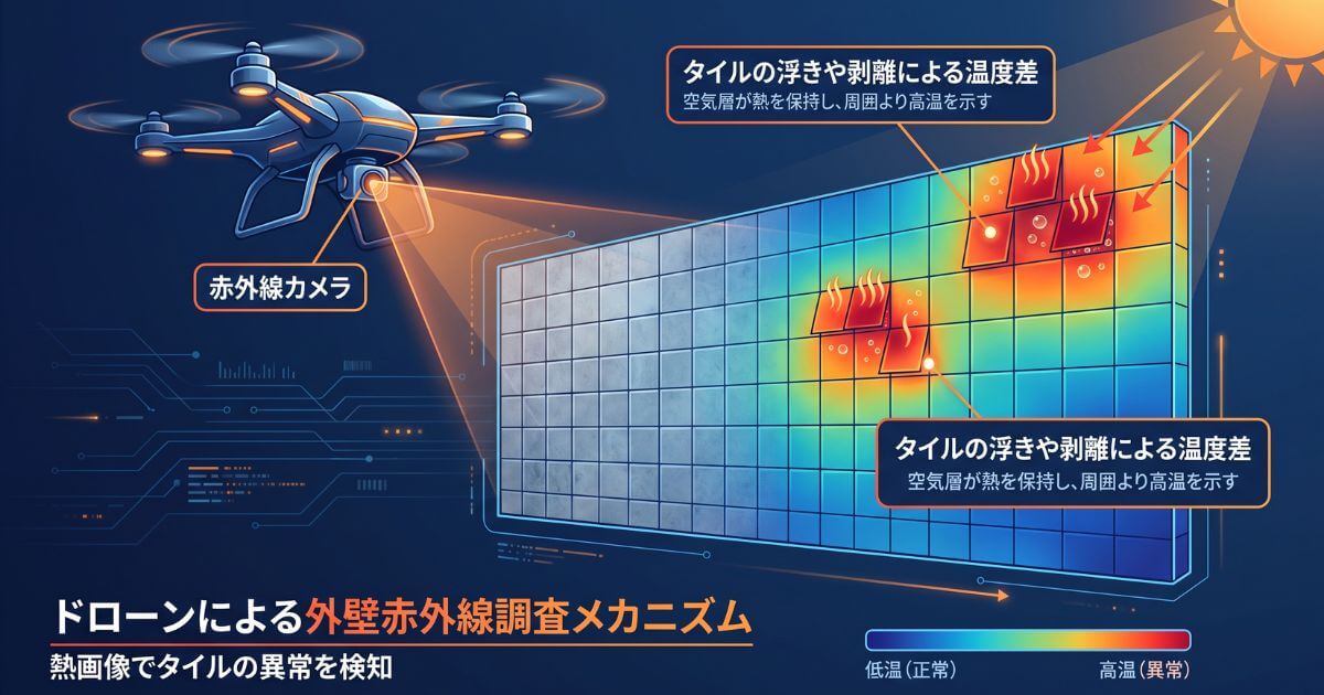 ドローンの赤外線カメラが外壁の温度差（熱だまり）からタイルの浮きや剥離を検出する仕組みの解説図