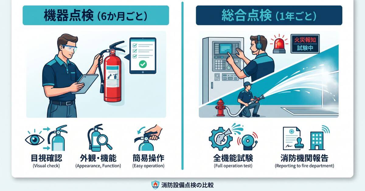 6か月ごとの機器点検と1年ごとの総合点検の違いを表した比較フロー図