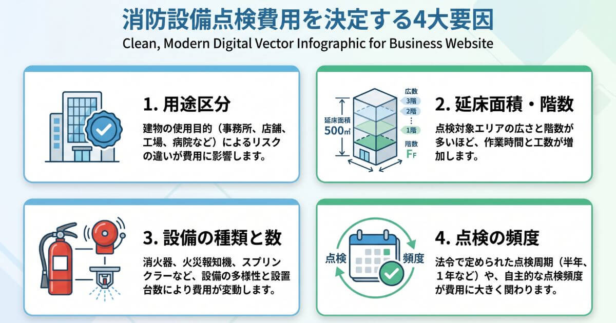消防設備点検の費用を決定づける4つの要因（用途区分・延床面積・設備数・点検頻度）を整理したインフォグラフィック