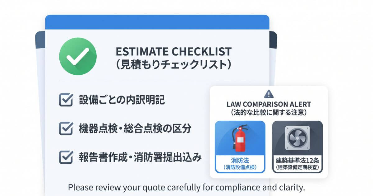 消防設備点検の見積書確認チェックポイントと建築基準法12条点検との違いを示す解説図