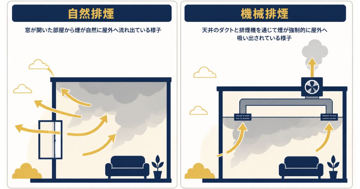 自然排煙と機械排煙、煙の流れの違いを示す図解｜コーセイ株式会社