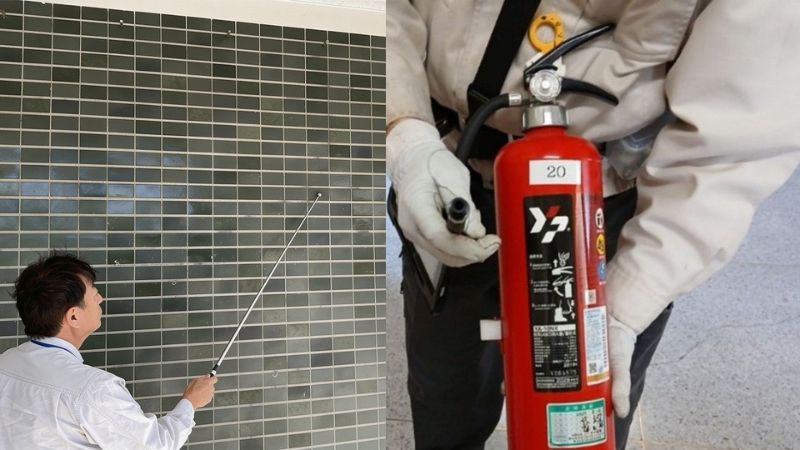 消防設備点検の消火栓確認と、建築12条点検の外壁打診を同時に行うコーセイのプロフェッショナルチーム
