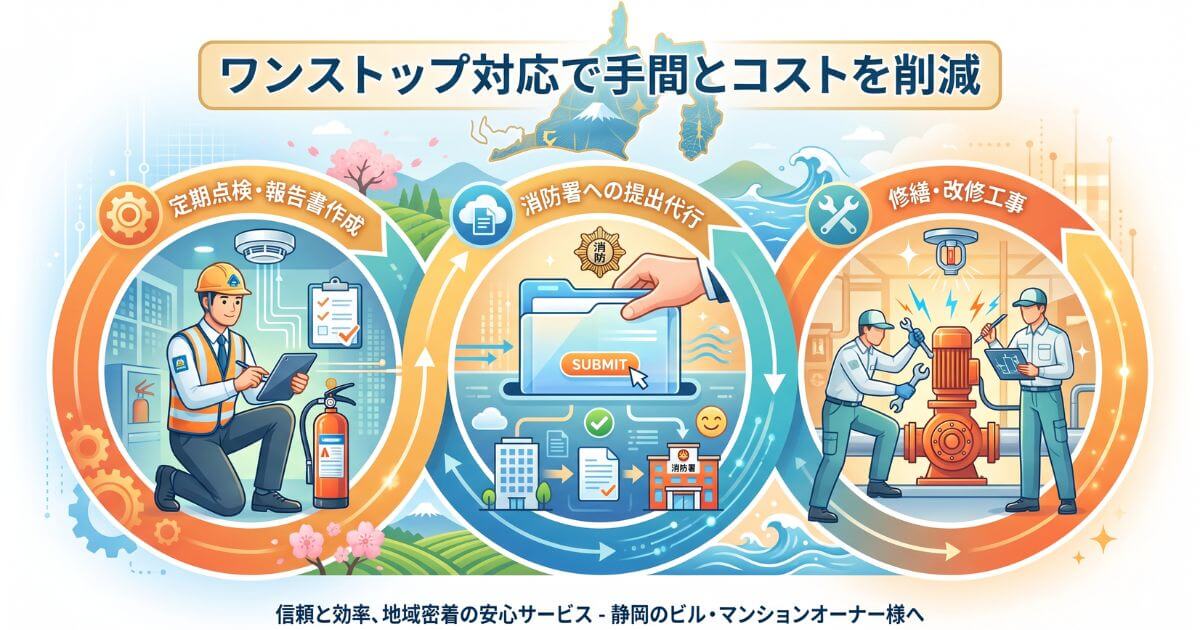 点検・報告書提出から修繕工事までワンストップで対応する消防設備管理のイメージ