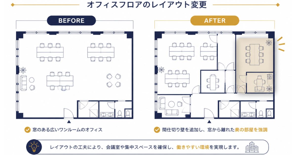 間仕切り壁の追加で無窓階になる前後の間取り比較図｜コーセイ株式会社
