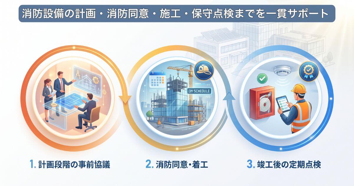 事前協議から消防同意、着工、竣工後の定期点検まで一貫サポートするコーセイ株式会社のトータルソリューション図