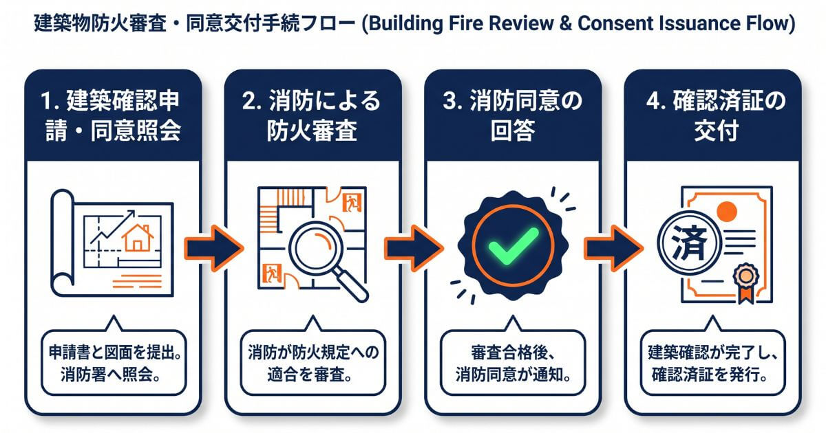 建築確認申請から消防の審査、消防同意の回答、確認済証交付までの4ステップの流れを示すインフォグラフィック