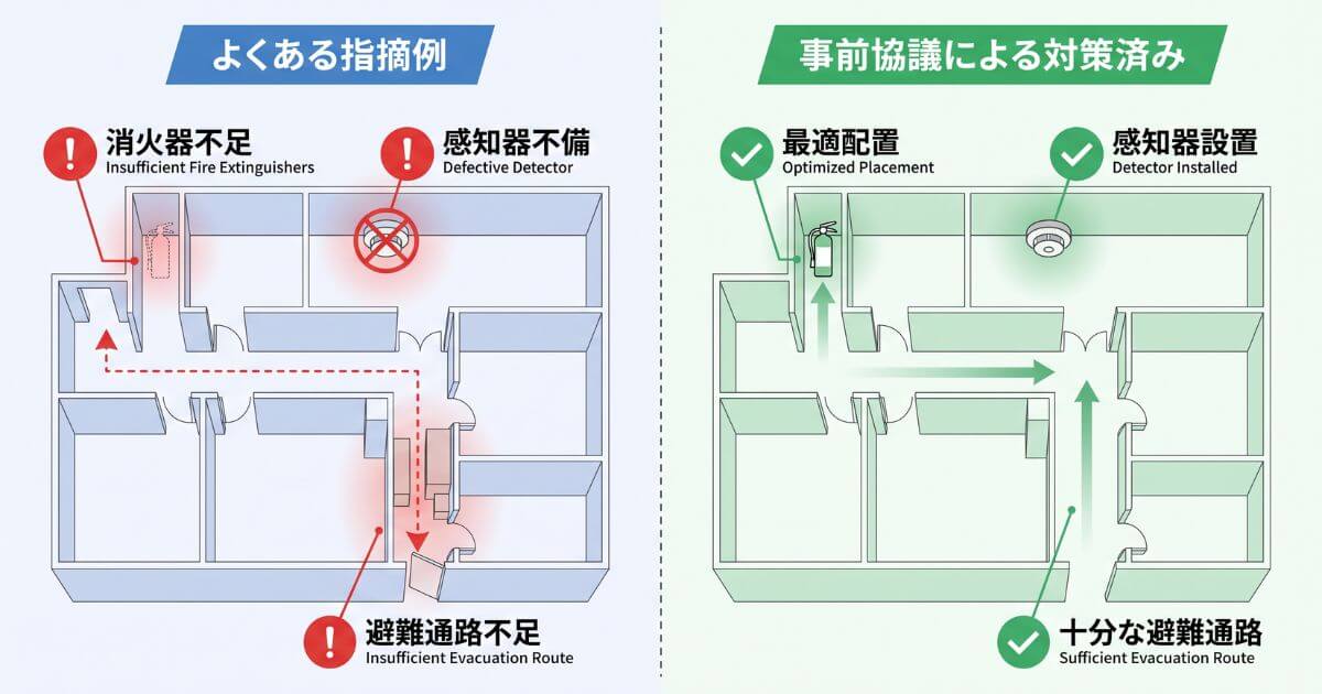 消防同意の審査で指摘されやすい消火器・感知器・避難通路の不備例と事前対策後の配置比較図