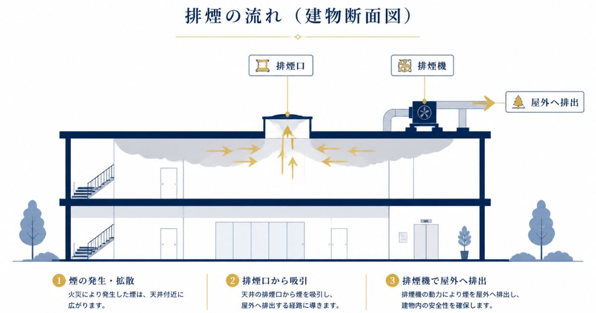 排煙口と排煙機で煙を屋外へ排出する建物断面図｜コーセイ株式会社
