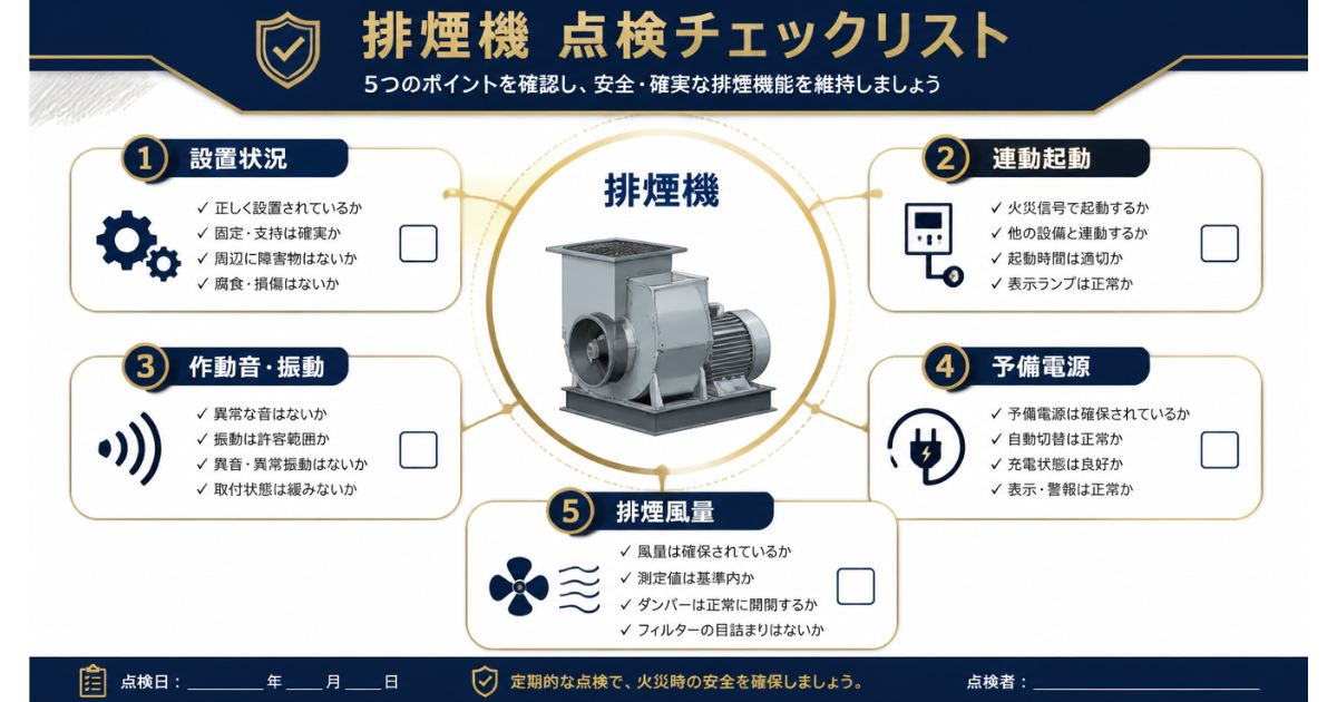 排煙機の5つの検査項目を示すチェックリスト風インフォグラフィック｜コーセイ株式会社