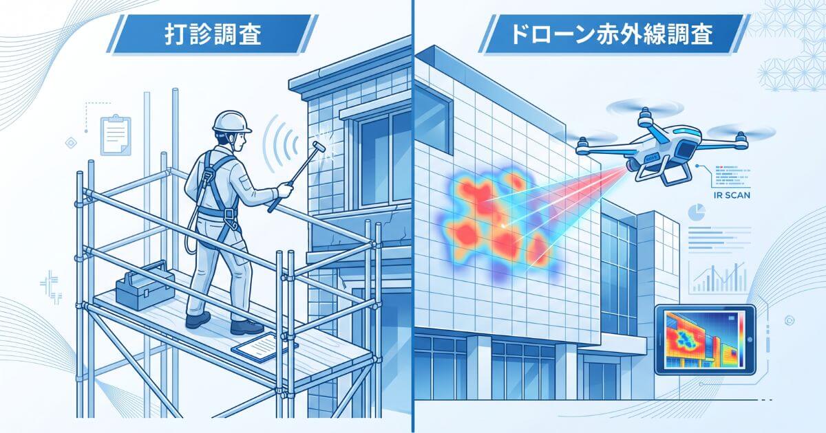 打診棒を使った従来の打診調査と、ドローンによる最新の赤外線外壁調査の比較イメージ図
