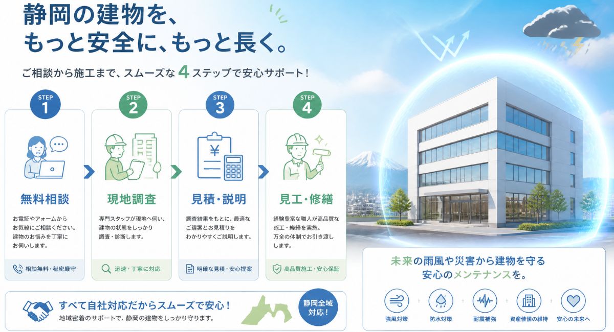 お問い合わせから現地調査・見積もり・修繕施工までの4ステップの流れ