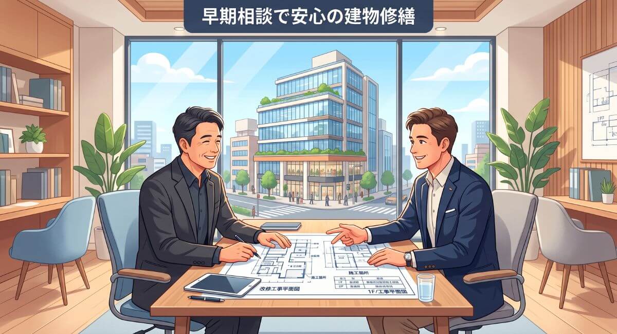 建物の単独オーナーが専門業者へ早期相談し、安心して大規模修繕を進めるポジティブなイメージ
