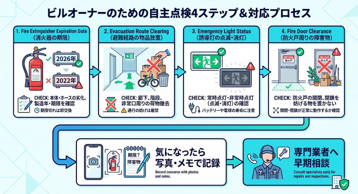 防災の日に実施する建物自主点検の4ステップ（消火器・避難経路・誘導灯・防火戸）と異変発見時の対応手順イラスト