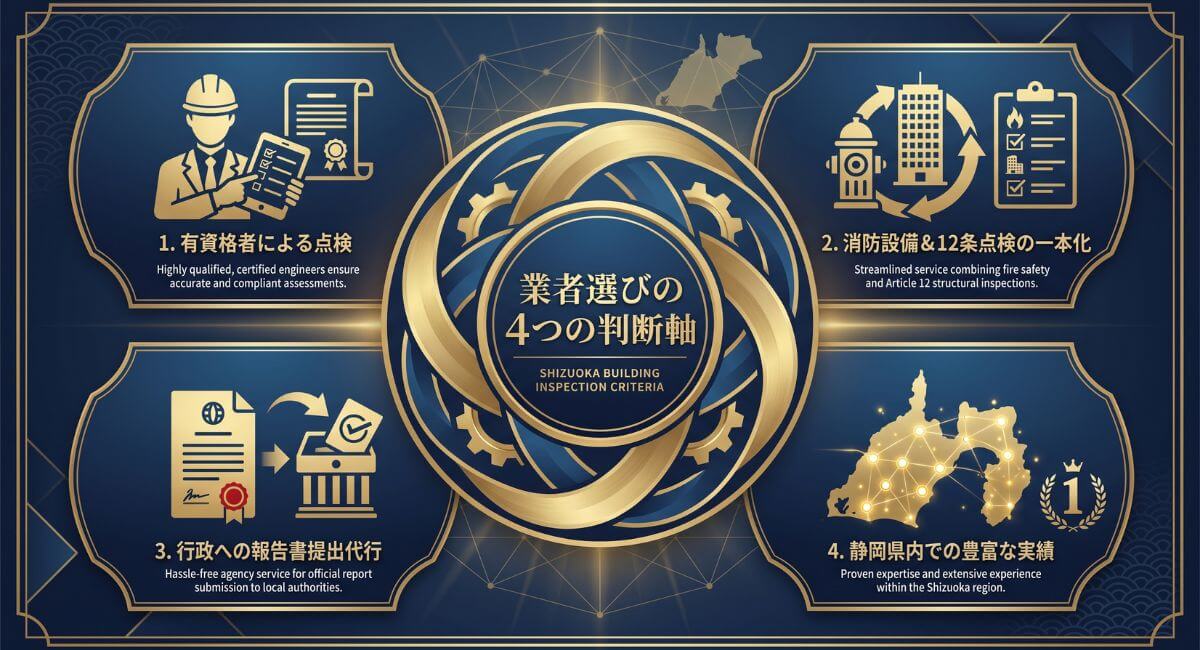 建物点検業者を選ぶ4つの判断軸（有資格者体制・消防設備＆12条点検対応・行政報告代行・静岡県での実績）を示した信頼性図解