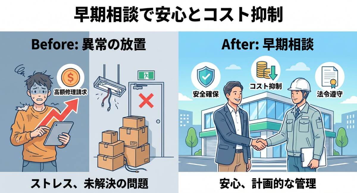 建物の異変を放置した場合のリスクと、専門業者へ早期相談した場合の安心・修繕費用抑制効果の比較図