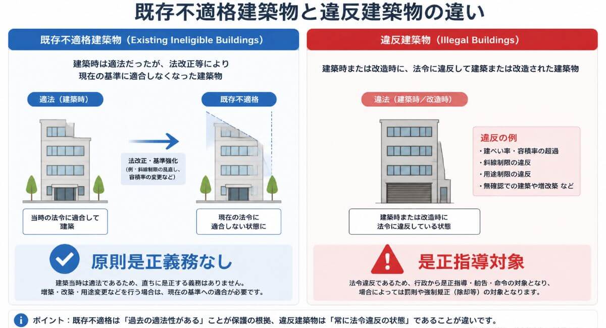 既存不適格建築物と違反建築物の違いを比較解説したインフォグラフィック図解