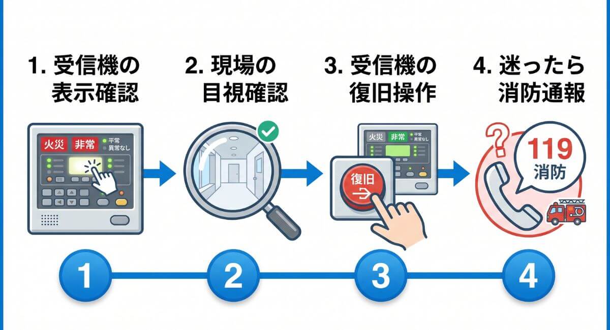 火災警報が誤作動した際に管理者が取るべき応急対応の4つの手順（受信機確認・現場目視・復旧操作・消防通報）