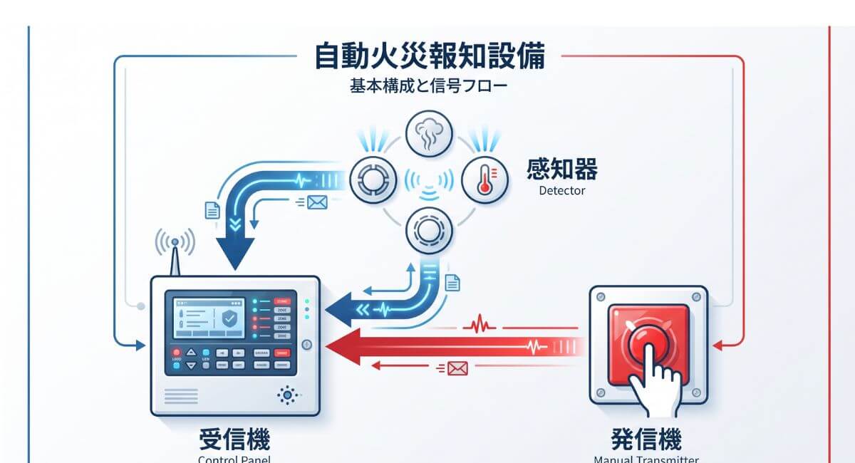 自動火災報知設備を構成する感知器・受信機・発信機の3つの基本機器と信号伝達の流れを示す仕組みの解説図
