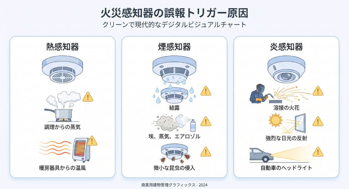 熱感知器・煙感知器・炎感知器の3種類における主な誤作動の原因（湯気・粉じん・日光・虫など）を示した図解