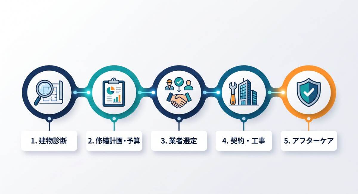 大規模修繕工事の全体像を示す5つのステップ（建物診断、修繕計画・予算、業者選定、契約・工事、アフターケア）のフロー図