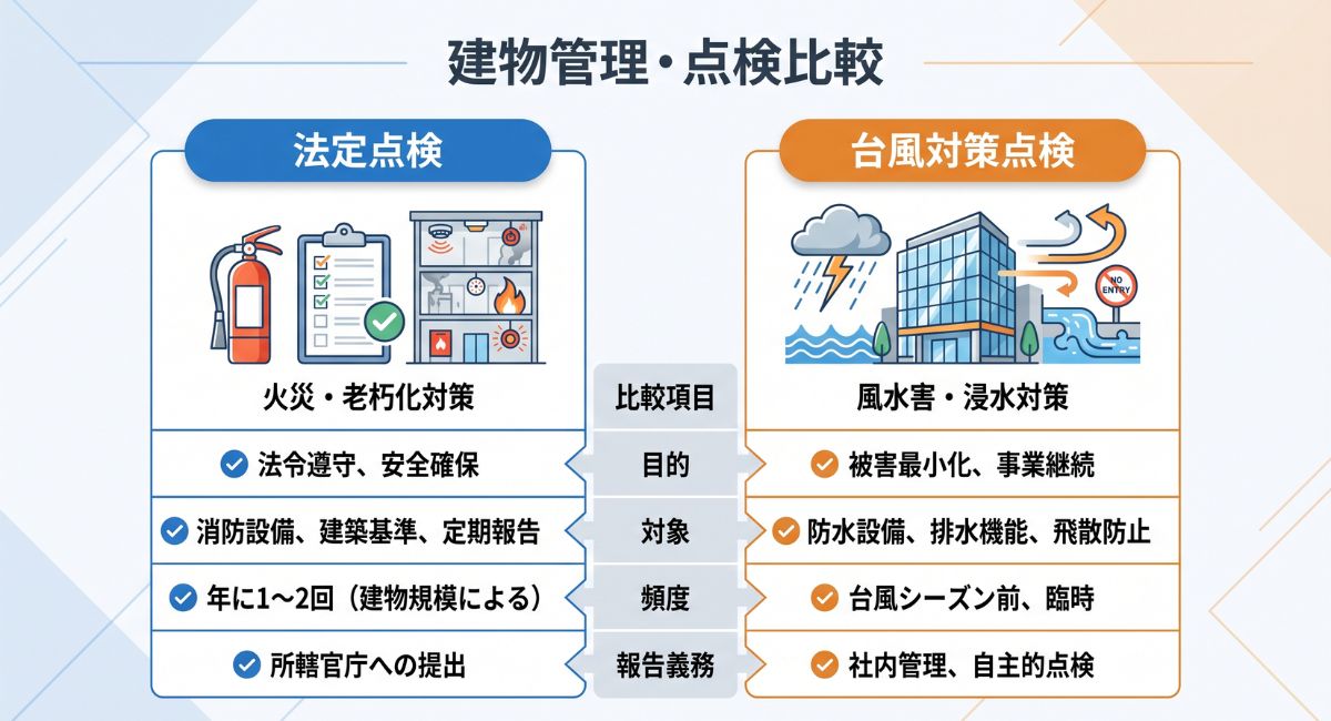法定点検（火災・老朽化対策）と台風対策点検（風水害・雨漏り対策）の目的や点検範囲の違いを比較した解説図