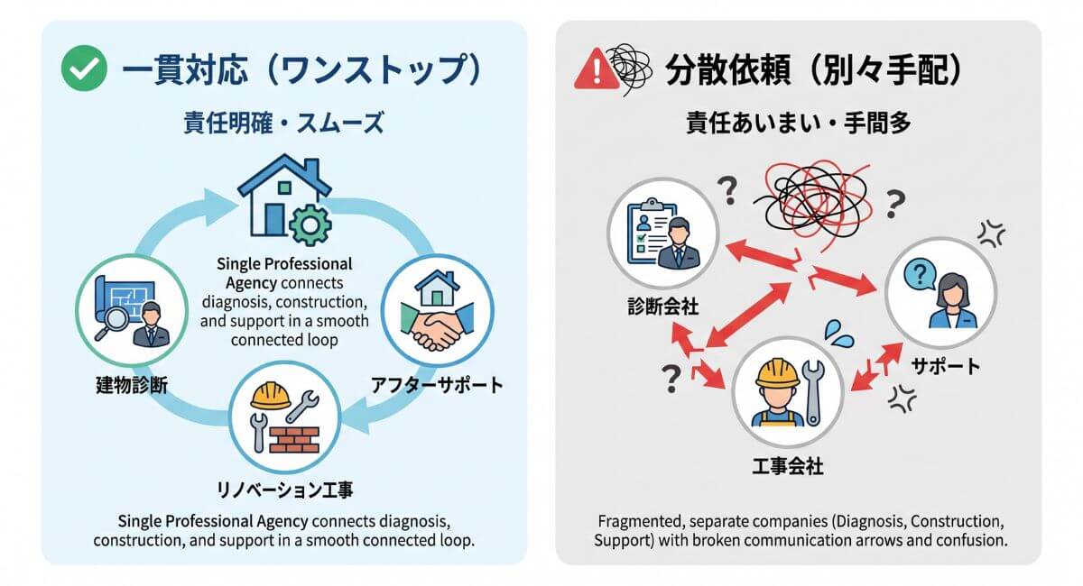 大規模修繕における診断から工事まで一貫対応できるワンストップ業者と分割依頼業者の比較メリット図