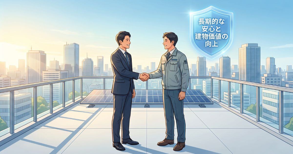 建物条件に最適な防水工事が完了し長期的安心を得られたビルの屋上と建物の未来像