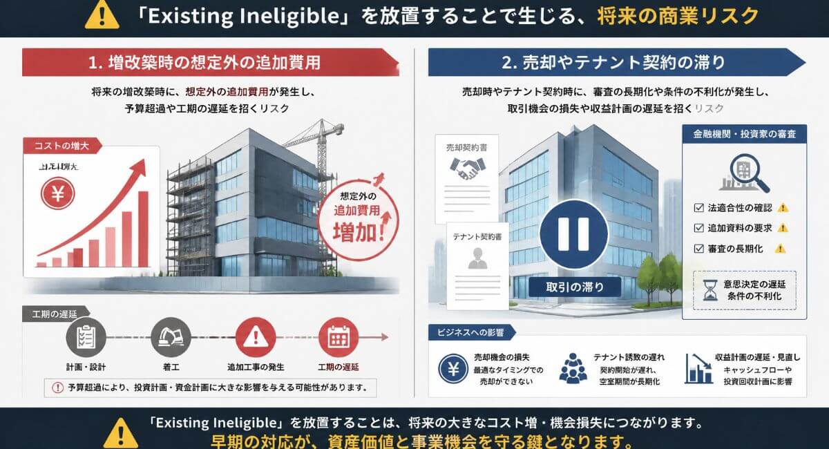 既存不適格の放置によるリスク（将来の工事費増大と不動産売却・契約の不具合）