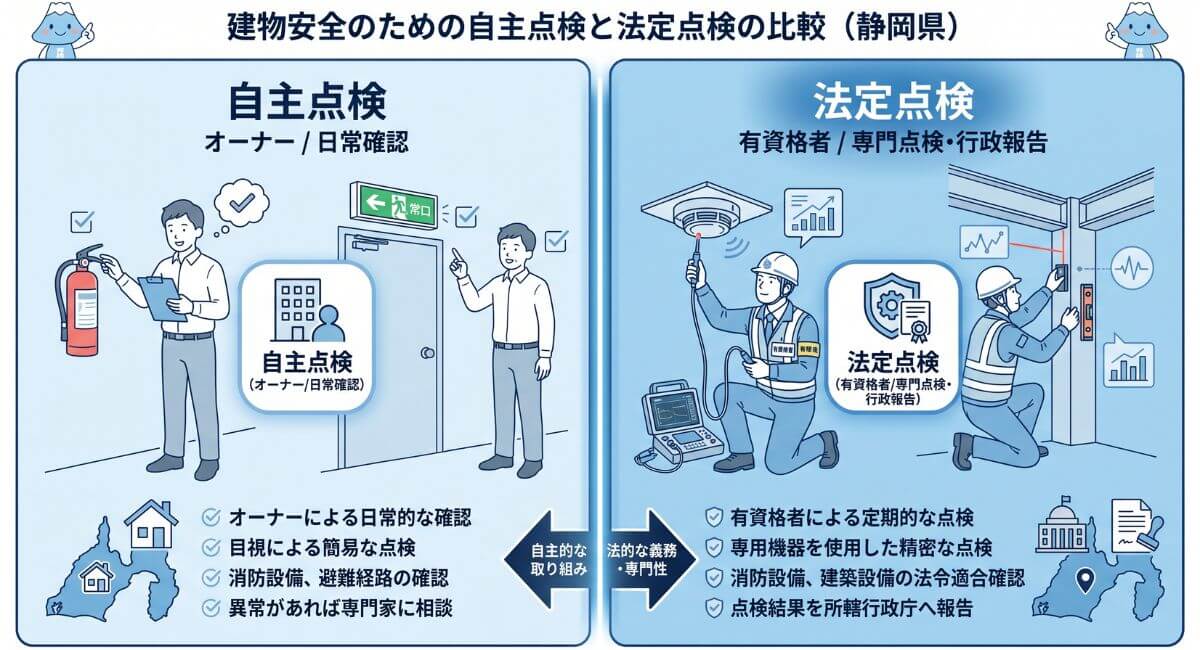 建物オーナーによる自主点検（日常確認・報告不要）と有資格者による法定点検（専門確認・行政報告が必要）の役割の違いを比較解説した図解