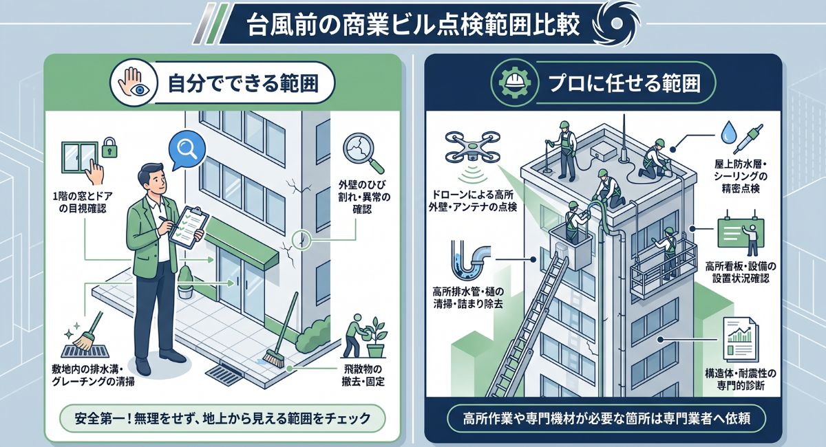 建物の台風前点検における地上目視などの「自分でできる範囲」と高所作業・防水診断などの「プロに任せる範囲」の区分表