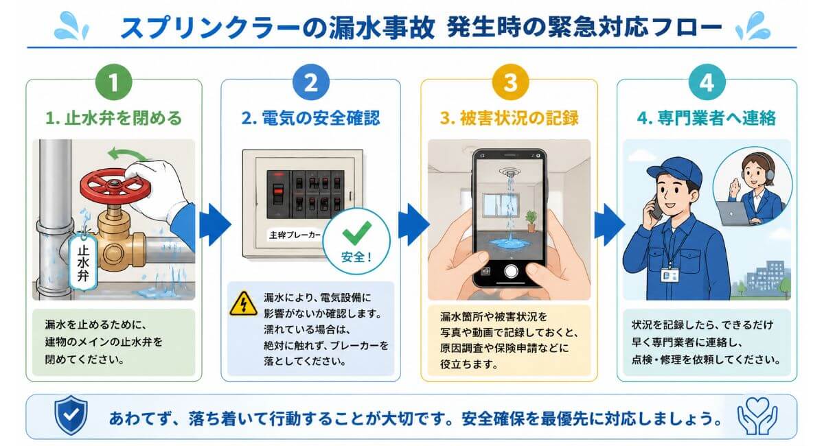 スプリンクラー誤作動・水漏れ発生時に慌てず取るべき4つの応急処置ステップ（止水・安全確保・記録・業者連絡）