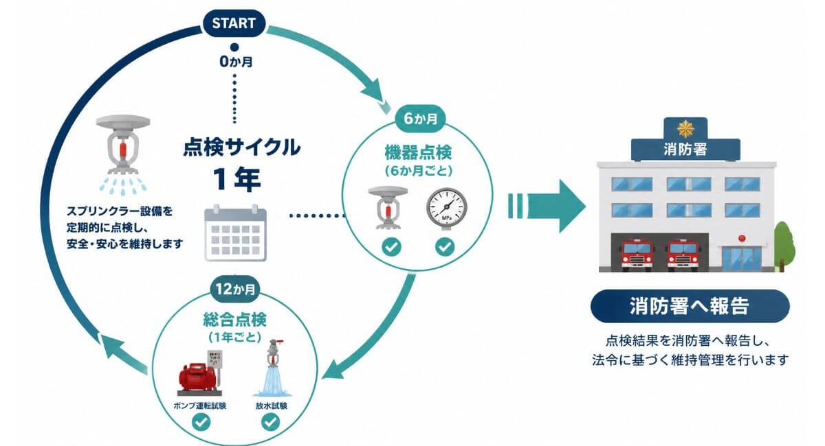 スプリンクラー設備の機器点検（6か月ごと）と総合点検（1年ごと）の周期および消防署への報告の流れを示すインフォグラフィック
