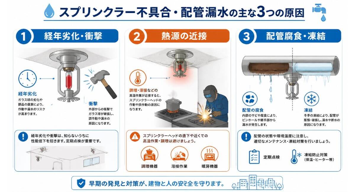 スプリンクラーの誤作動や水漏れを引き起こす主な原因（経年劣化・物理的衝撃・近接熱源・配管の腐食と凍結）のイラスト図解