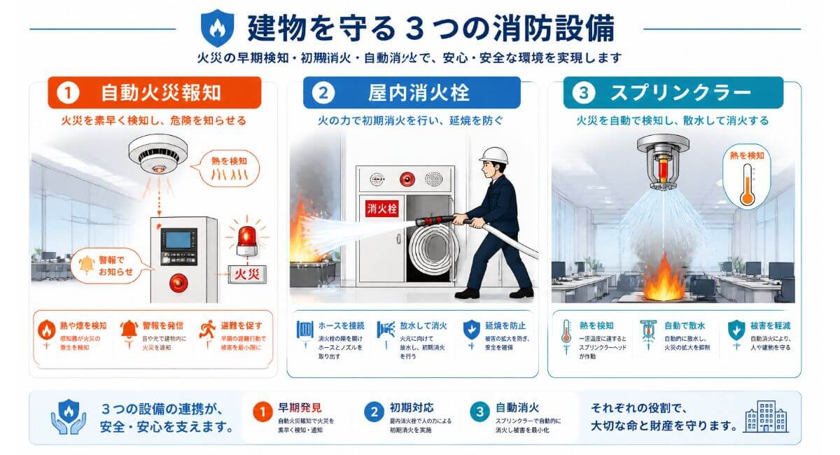 自動火災報知設備・屋内消火栓・スプリンクラー設備の役割と仕組みの違いを比較した図解イラスト