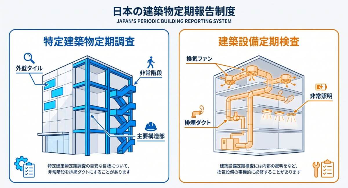 特定建築物定期調査（建物本体）と建築設備定期検査（換気・排煙等の設備）の検査対象の違いを分かりやすく解説した比較図