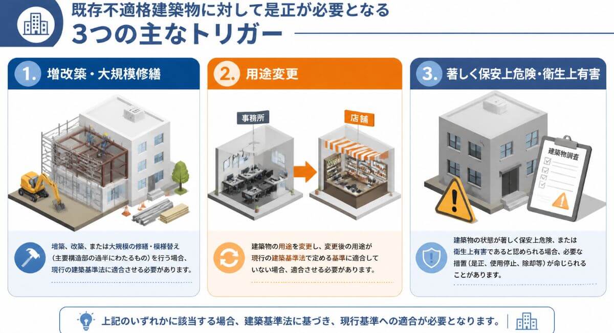 既存不適格の建築物で是正義務が発生する3つのきっかけ（増改築・用途変更・危険判断）