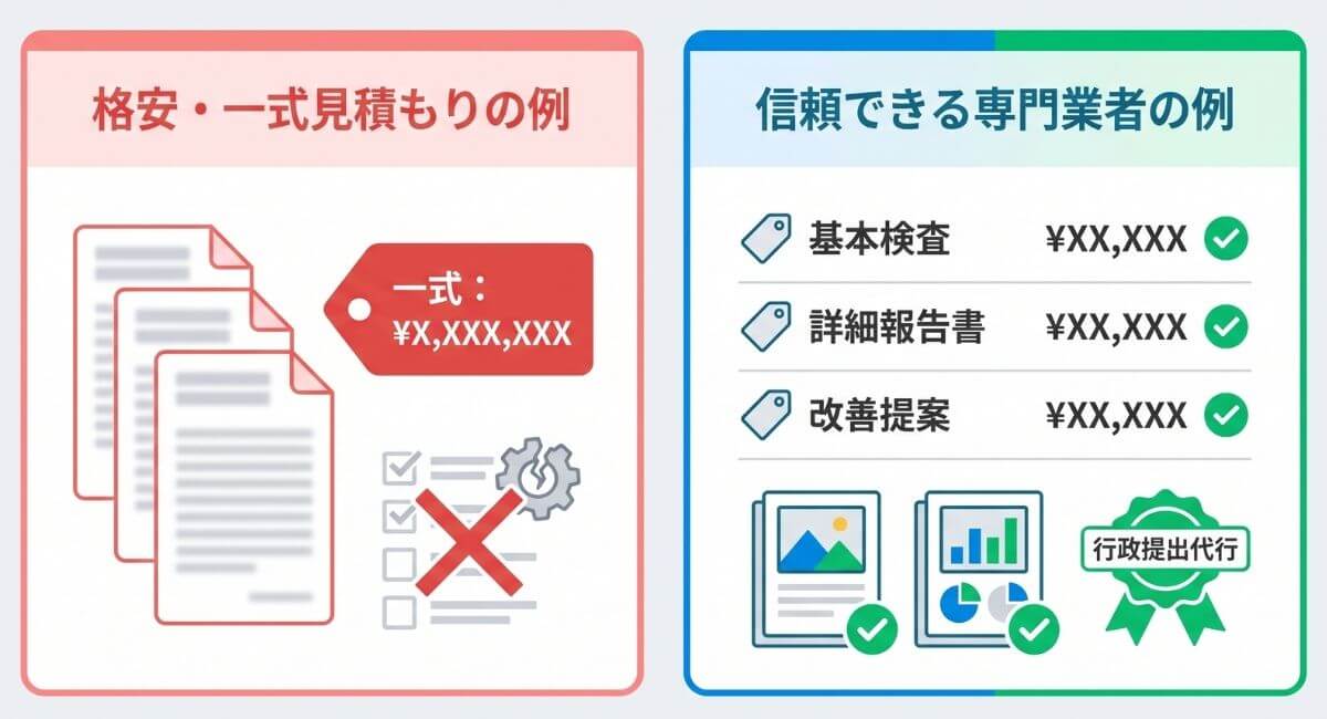一式見積もりの格安業者と明細・是正提案・行政提出代行まで対応する信頼できる点検業者の比較図