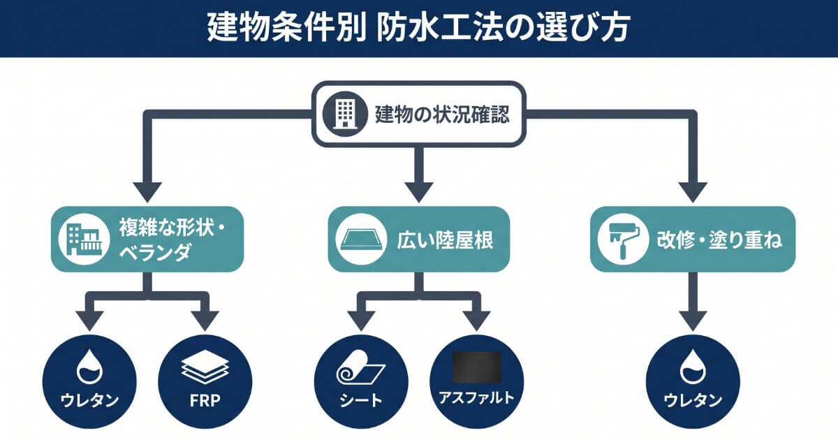 屋根の形状・面積・既存状態から最適な屋上防水工法を導き出す判定フローチャート図