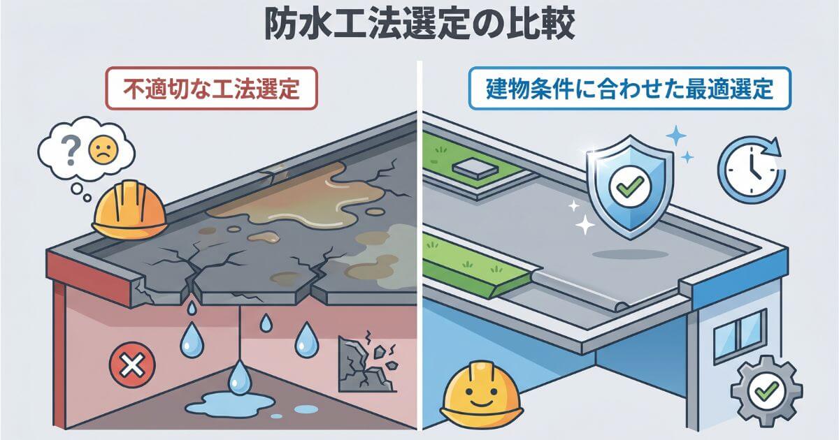 屋根の形状・面積・既存状態から最適な屋上防水工法を導き出す判定フローチャート図