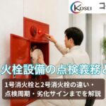 屋内消火栓設備の格納箱を開けて点検を行う技術者の様子