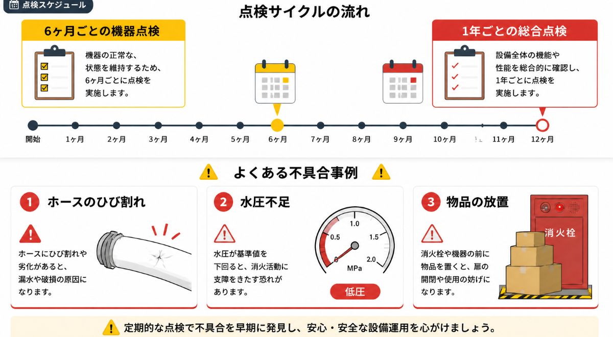 屋内消火栓の点検周期（6ヶ月機器点検・1年総合点検）とホースのひび割れ・水圧不足・物品放置の劣化サイン